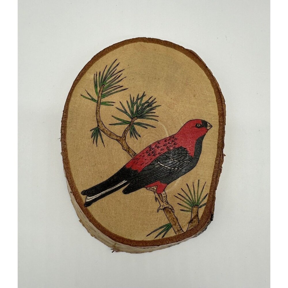 Red Bird Wall Hanging Picture Handmade Signed Live Edge Wood Oval Pine Grosbeak - Picture 2 of 9